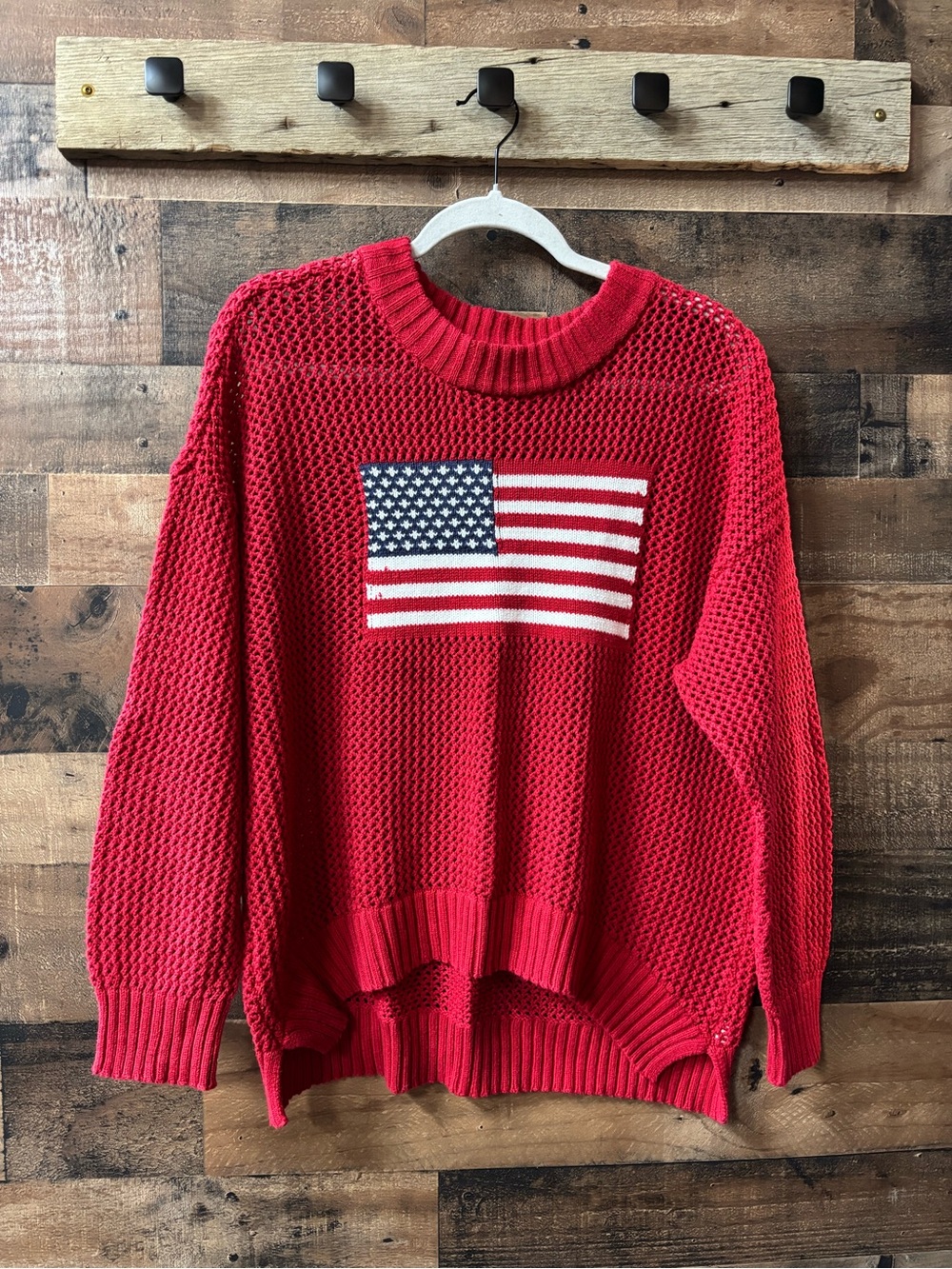 Maurices Red Crewneck Sweater with American Flag Patch